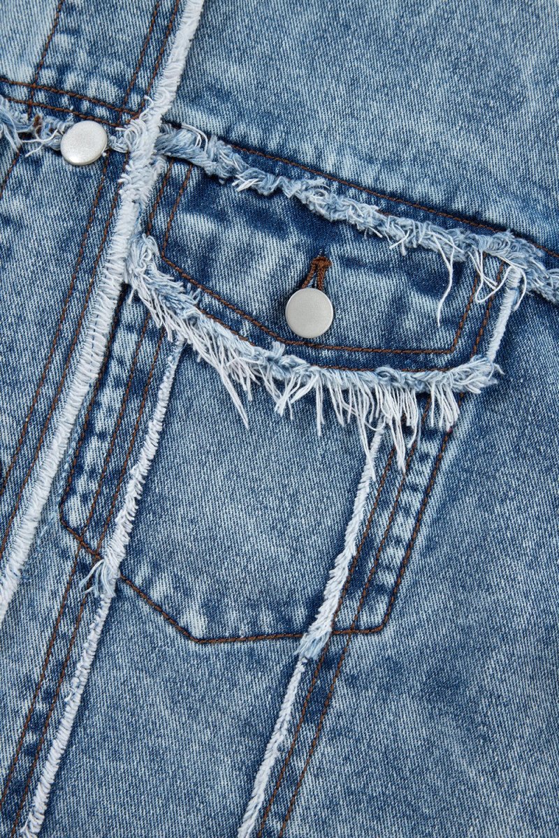 Raw Hem Drawstring Plaid Denim Jacket - Outerwear