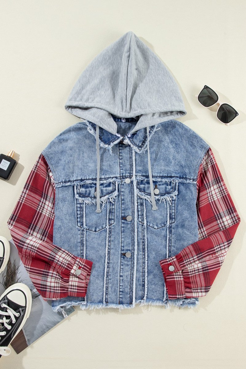 Raw Hem Drawstring Plaid Denim Jacket - Outerwear