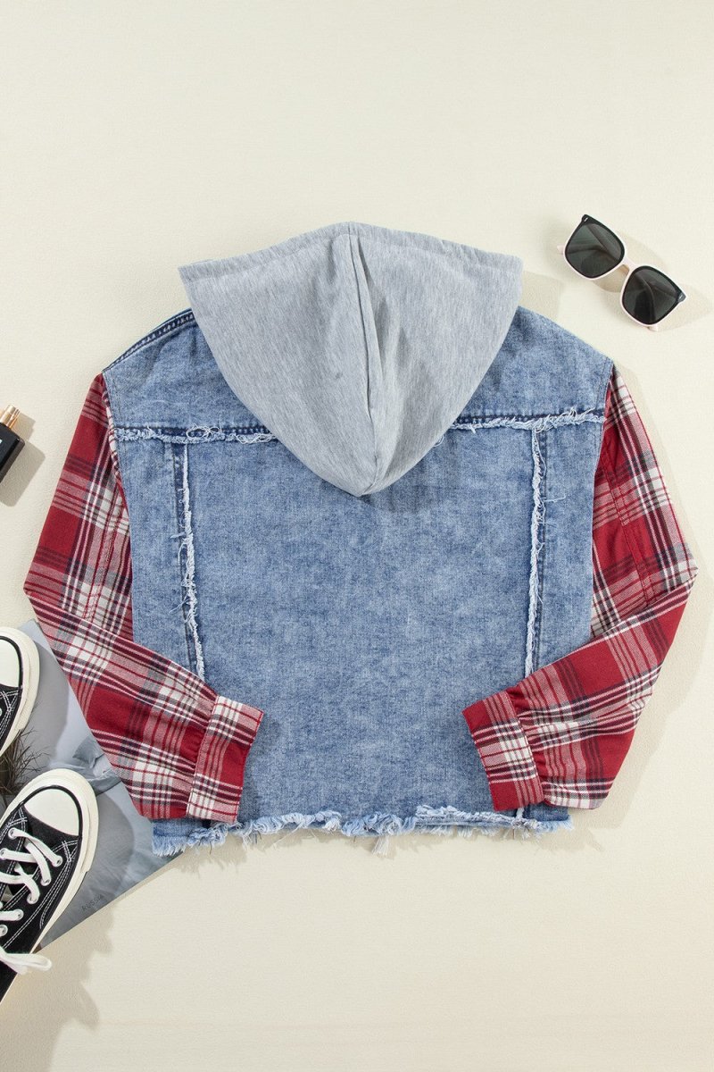 Raw Hem Drawstring Plaid Denim Jacket - Outerwear