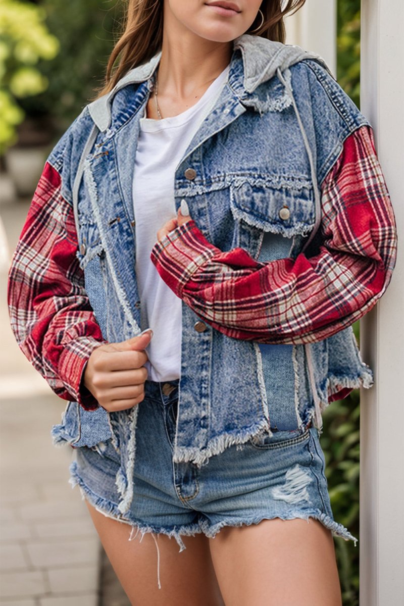 Raw Hem Drawstring Plaid Denim Jacket - Outerwear