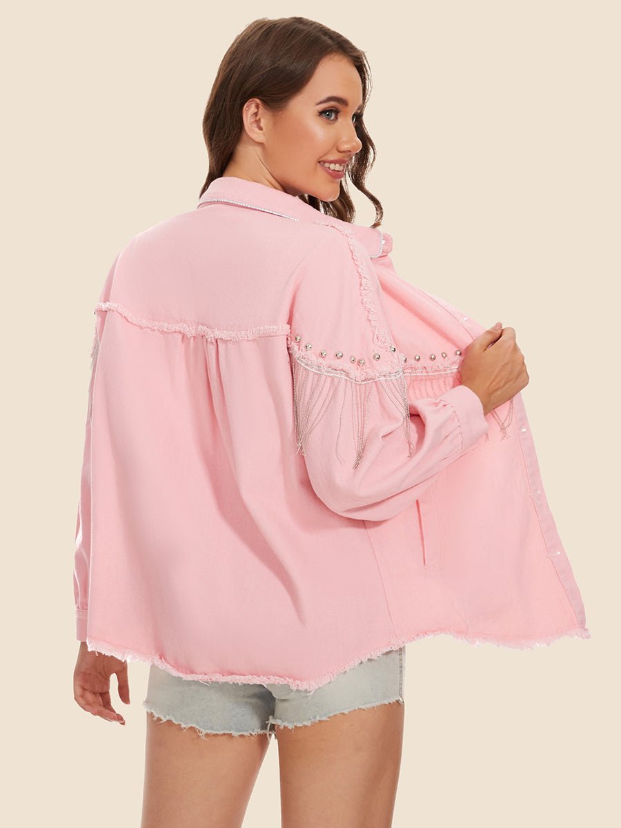 Raw Hem Fringe Detail Denim Jacket - Outerwear
