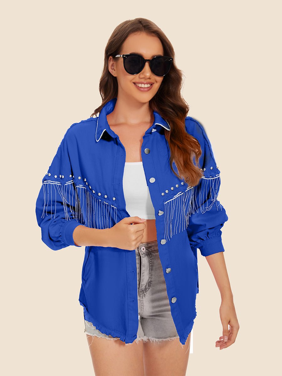 Raw Hem Fringe Detail Denim Jacket - Outerwear