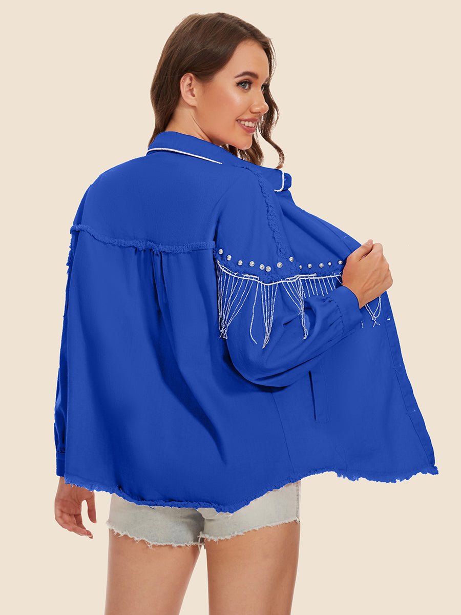 Raw Hem Fringe Detail Denim Jacket - Outerwear