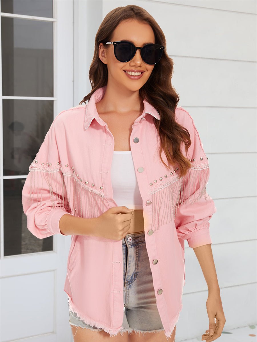 Raw Hem Fringe Detail Denim Jacket - Outerwear