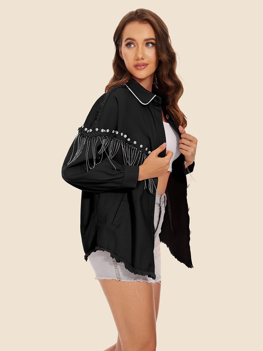 Raw Hem Fringe Detail Denim Jacket - Outerwear