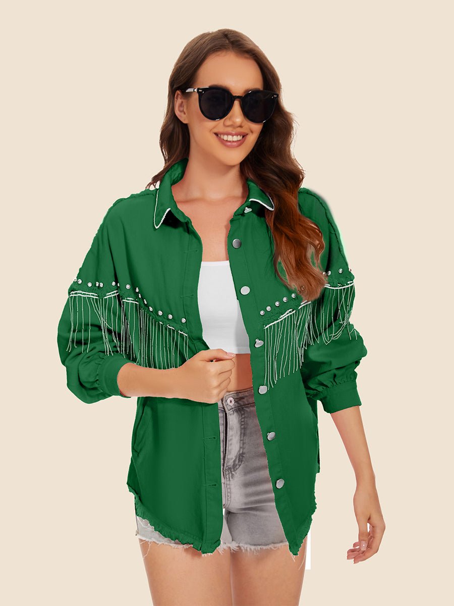 Raw Hem Fringe Detail Denim Jacket - Outerwear