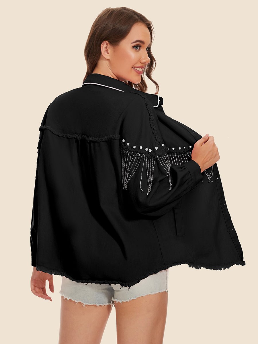 Raw Hem Fringe Detail Denim Jacket - Outerwear