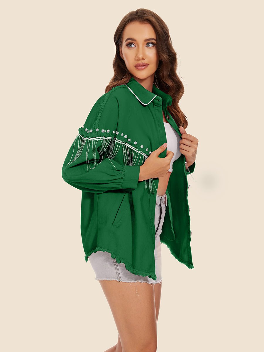 Raw Hem Fringe Detail Denim Jacket - Outerwear