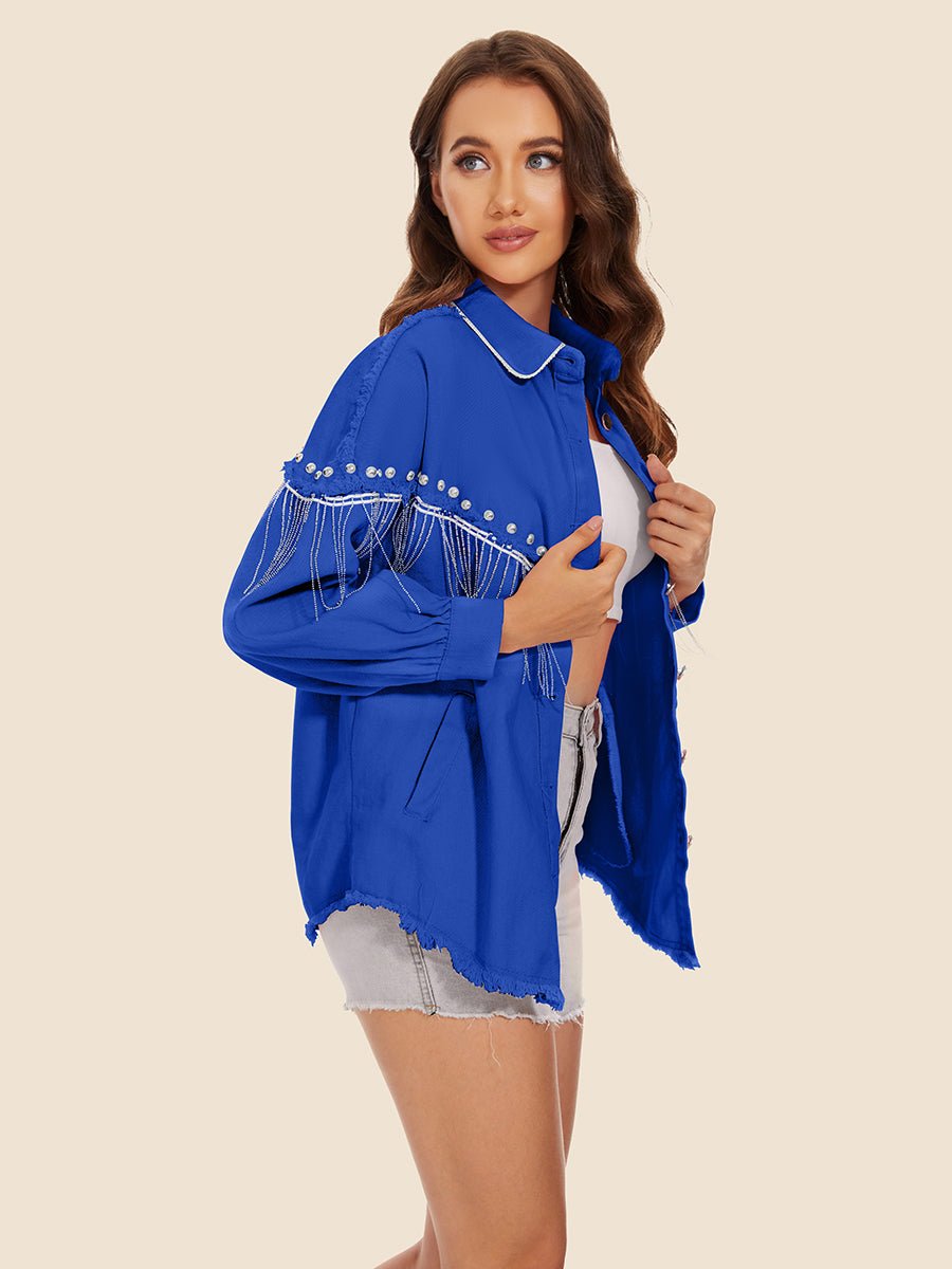 Raw Hem Fringe Detail Denim Jacket - Outerwear