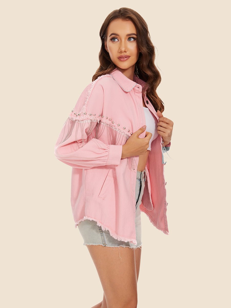 Raw Hem Fringe Detail Denim Jacket - Outerwear