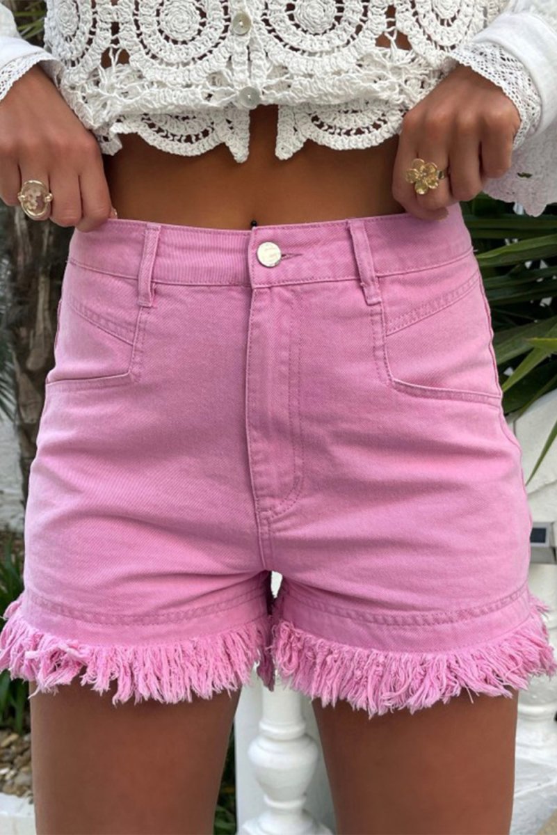 Raw Hem High Waist Denim Shorts - Bottoms
