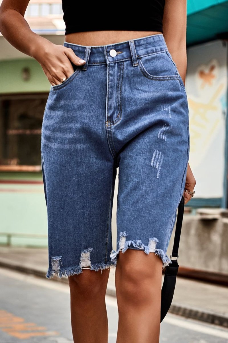 Raw Hem High Waist Denim Shorts with Pockets - Bottoms