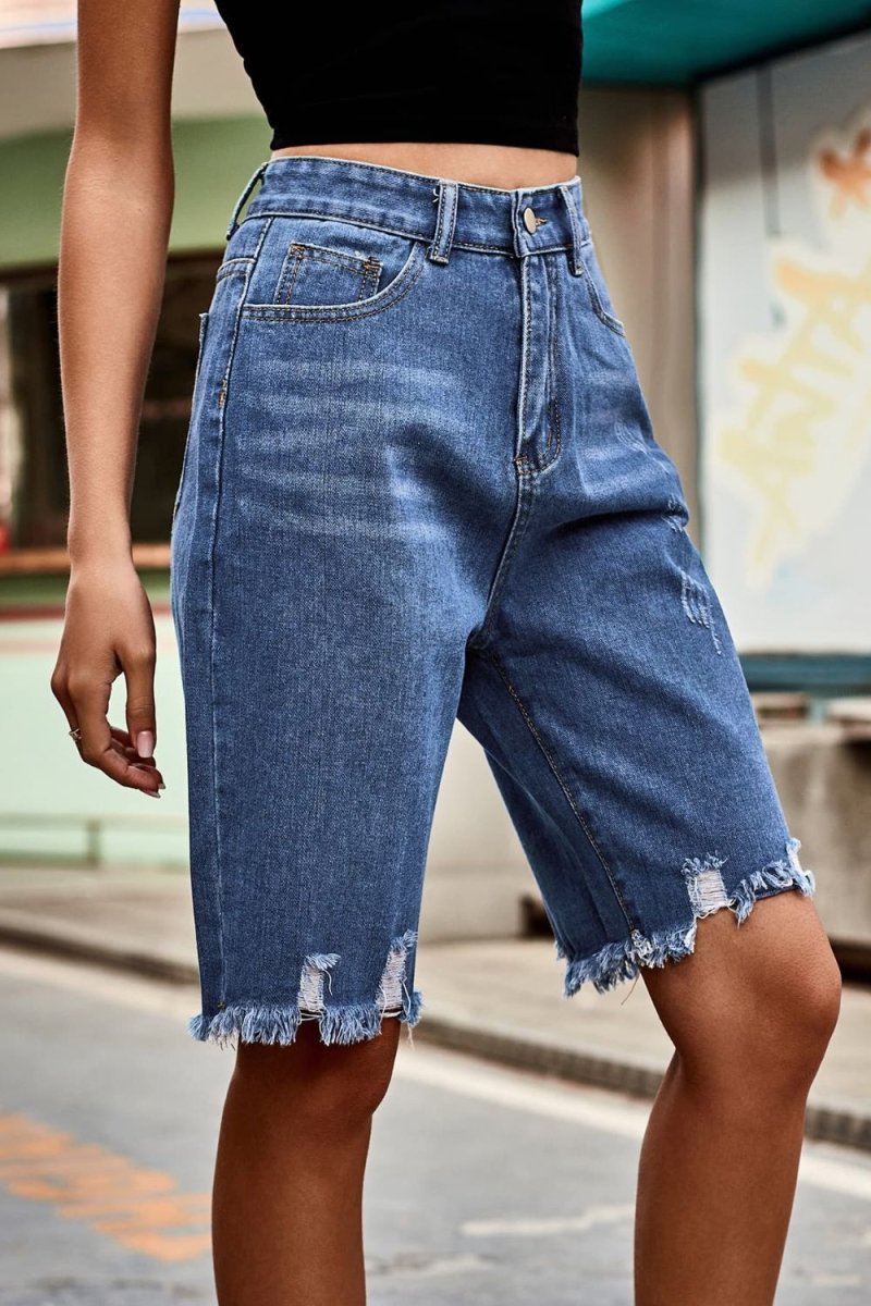 Raw Hem High Waist Denim Shorts with Pockets - Bottoms