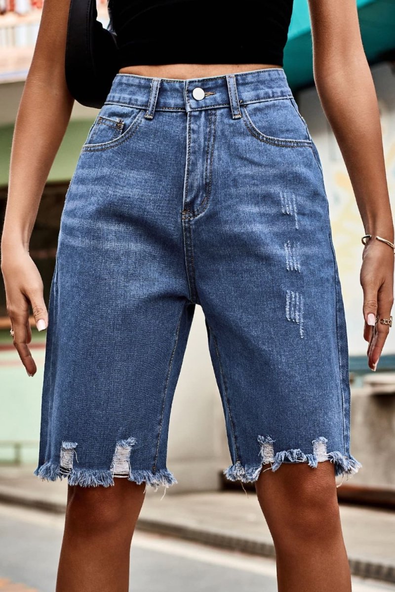 Raw Hem High Waist Denim Shorts with Pockets - Bottoms
