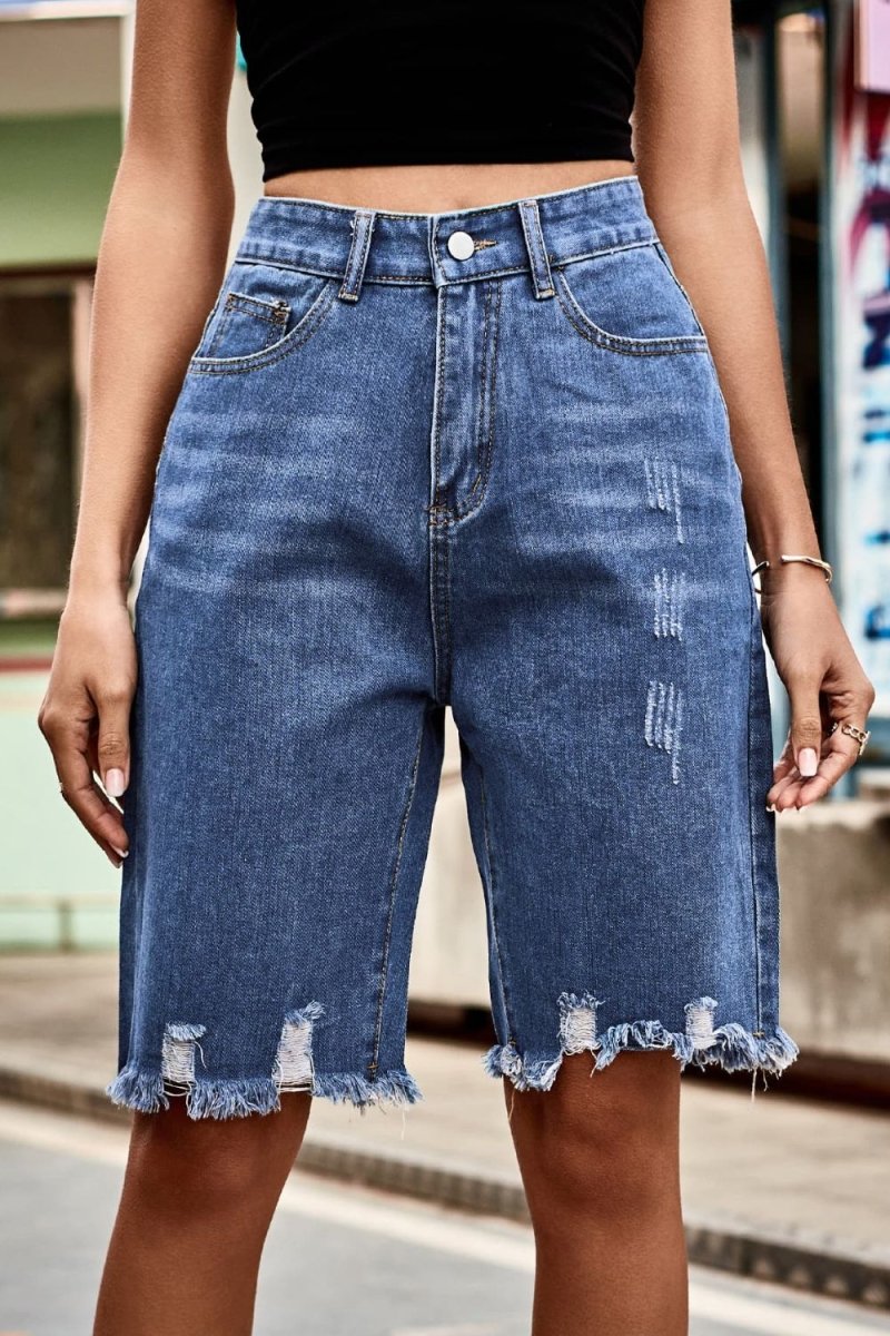 Raw Hem High Waist Denim Shorts with Pockets - Bottoms