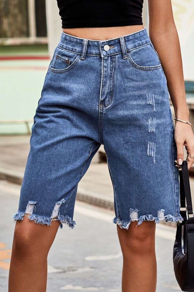 Raw Hem High Waist Denim Shorts with Pockets - Bottoms