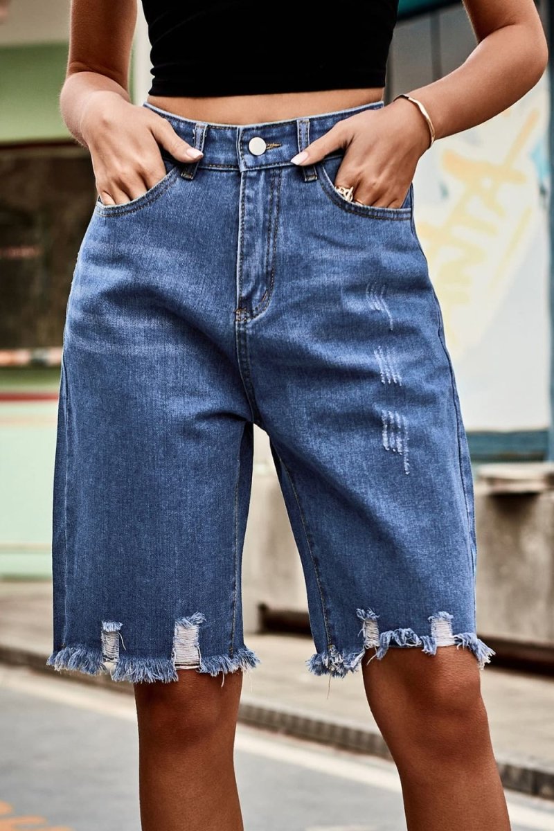 Raw Hem High Waist Denim Shorts with Pockets - Bottoms