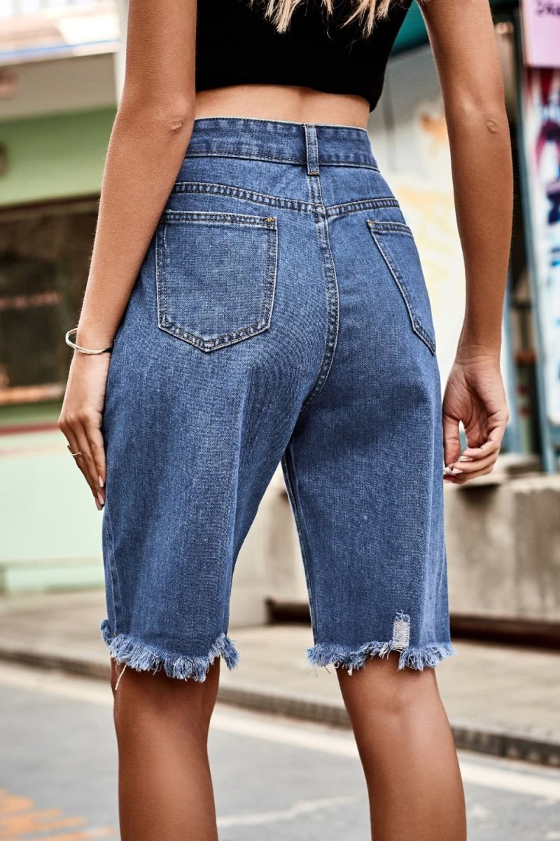 Raw Hem High Waist Denim Shorts with Pockets - Bottoms