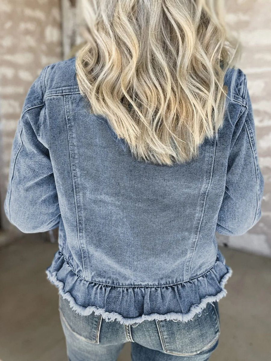 Raw Hem Long Sleeve Denim Jacket - Outerwear