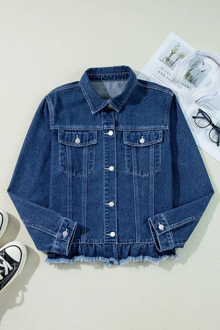 Raw Hem Long Sleeve Denim Jacket - Outerwear