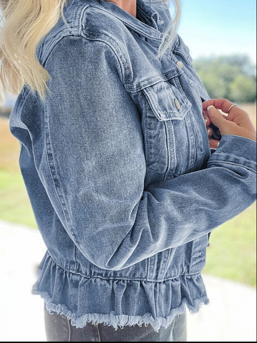 Raw Hem Long Sleeve Denim Jacket - Outerwear