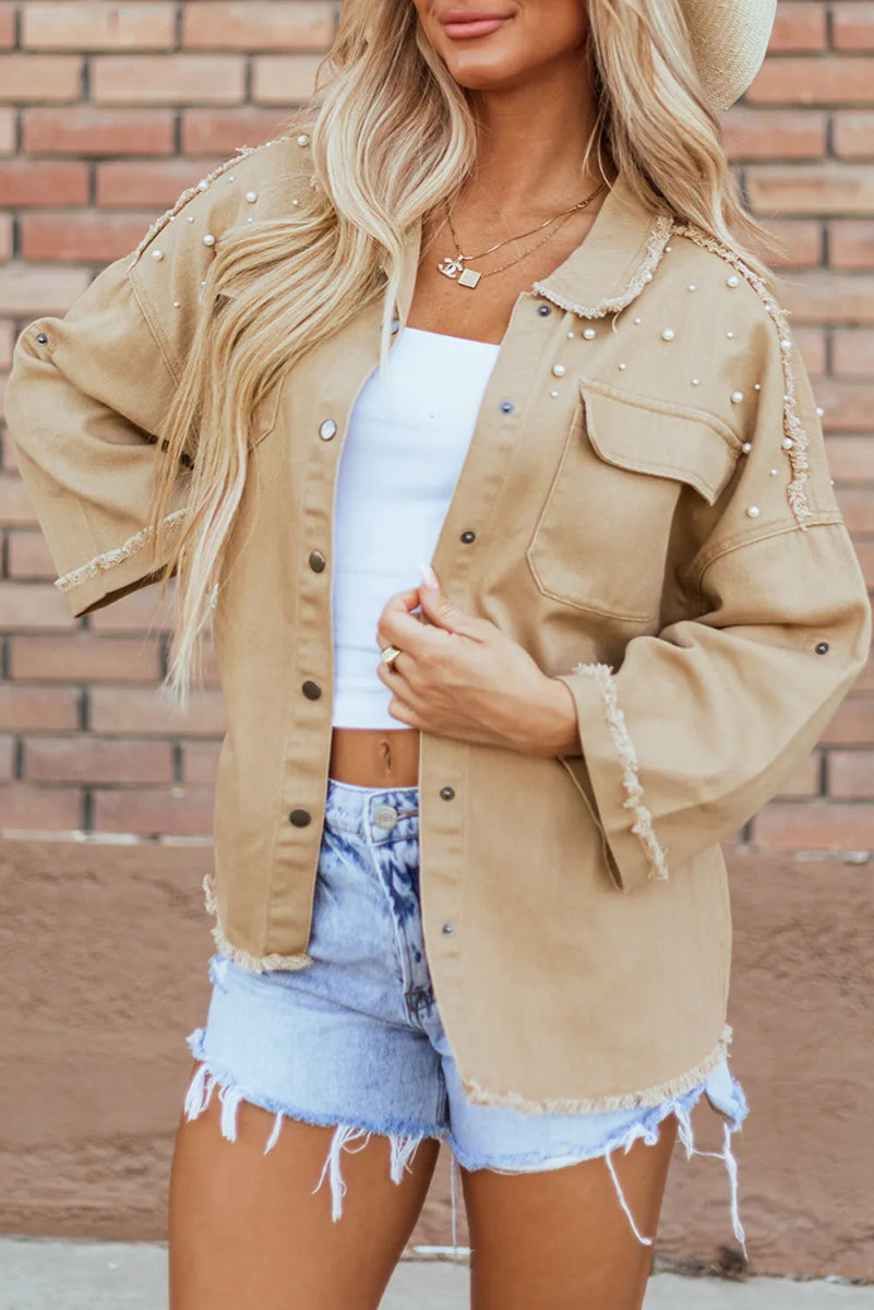 Raw Hem Pearl Trim Dropped Shoulder Denim Jacket - Outerwear