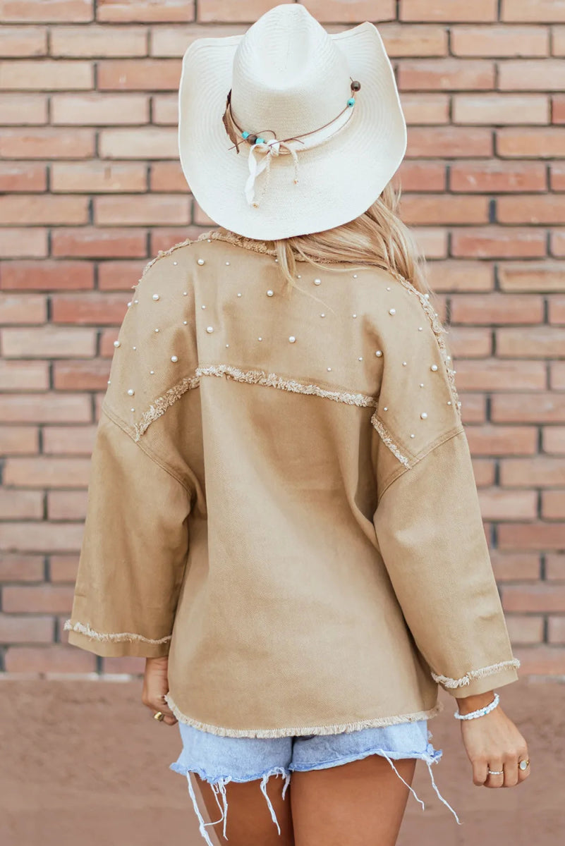 Raw Hem Pearl Trim Dropped Shoulder Denim Jacket - Outerwear