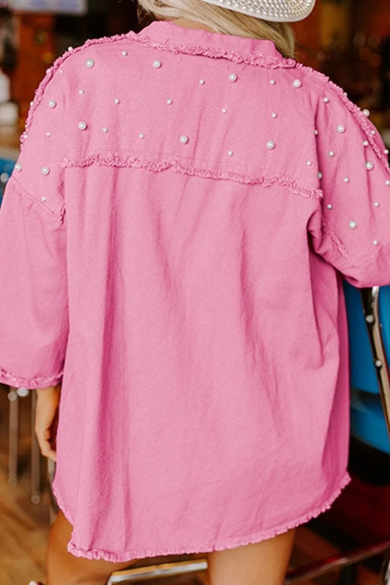 Raw Hem Pearl Trim Dropped Shoulder Denim Jacket - Outerwear