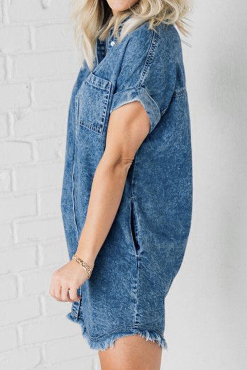 Raw Hem Pocketed Cap Sleeve Denim Dress - Denim Dress