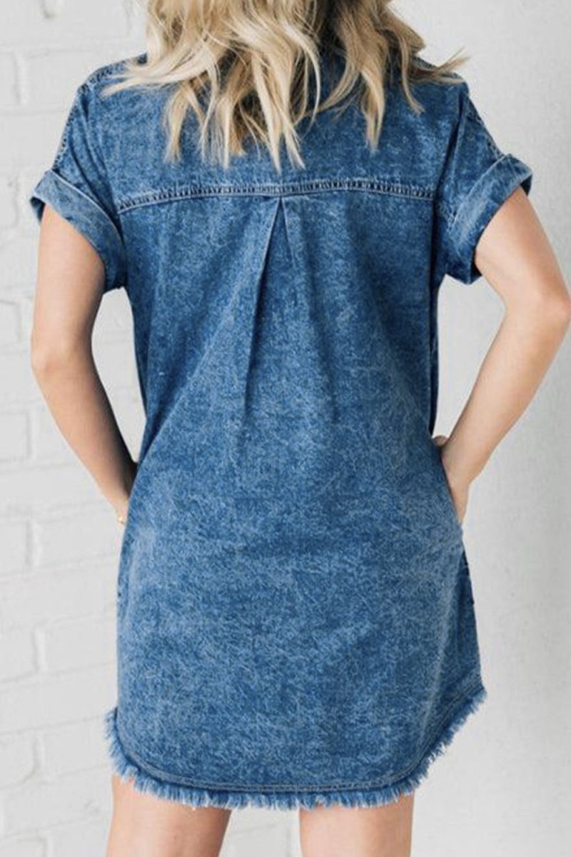 Raw Hem Pocketed Cap Sleeve Denim Dress - Denim Dress