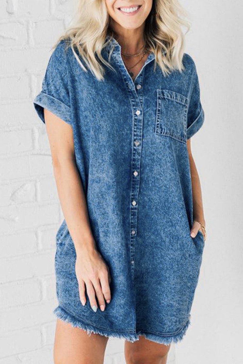 Raw Hem Pocketed Cap Sleeve Denim Dress - Denim Dress