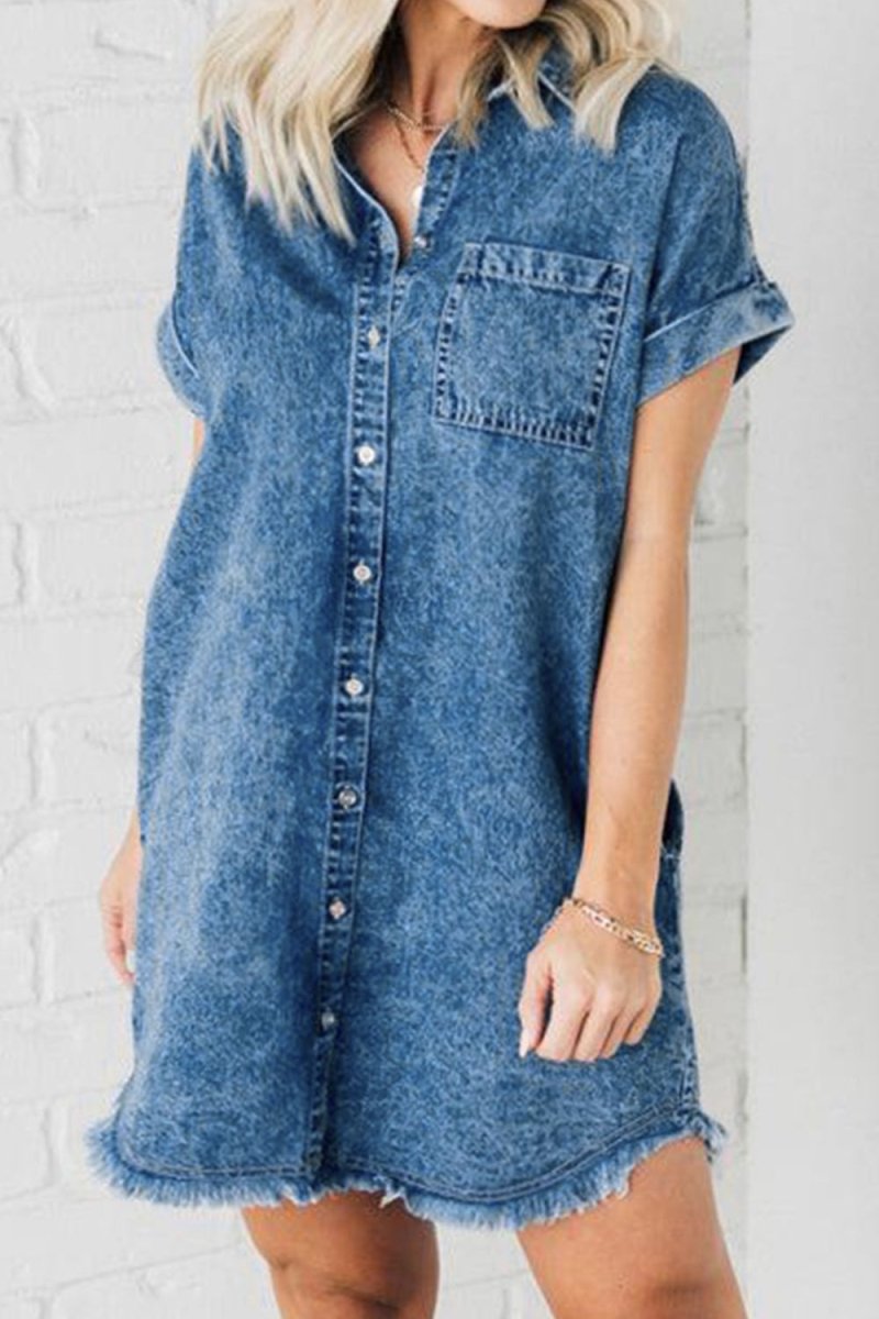 Raw Hem Pocketed Cap Sleeve Denim Dress - Denim Dress