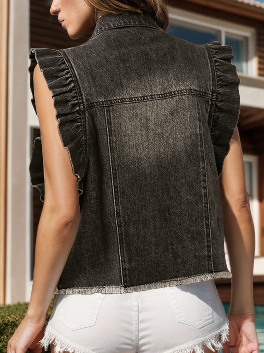 Raw Hem Ruffled Cap Sleeve Denim Jacket - Outerwear