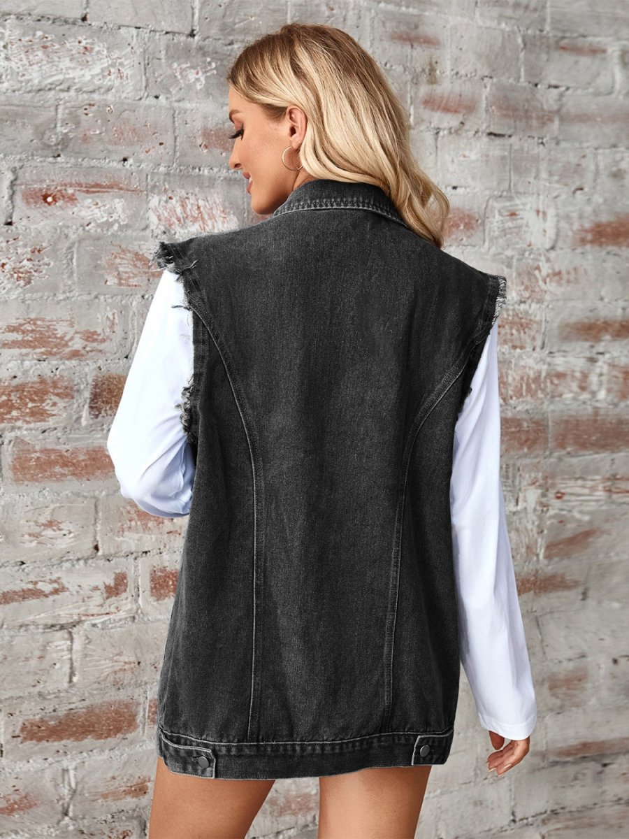 Raw Hem Sleeveless Button Up Denim Jacket - Outerwear