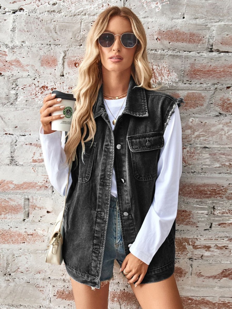 Raw Hem Sleeveless Button Up Denim Jacket - Outerwear