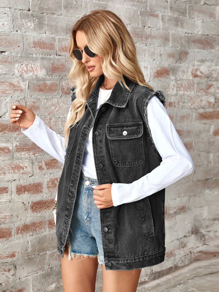 Raw Hem Sleeveless Button Up Denim Jacket - Outerwear
