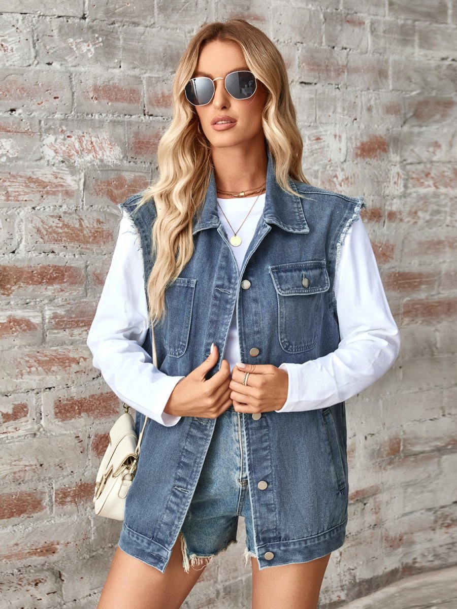 Raw Hem Sleeveless Button Up Denim Jacket - Outerwear