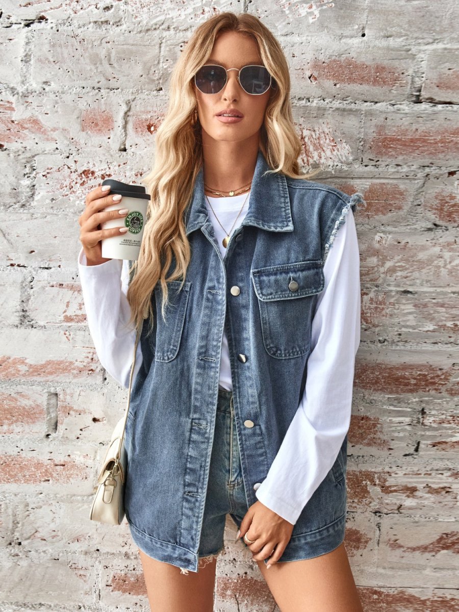 Raw Hem Sleeveless Button Up Denim Jacket - Outerwear