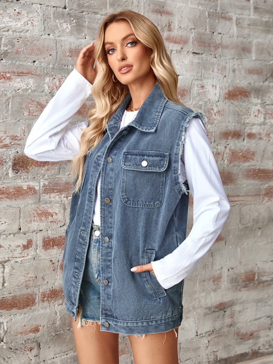 Raw Hem Sleeveless Button Up Denim Jacket - Outerwear