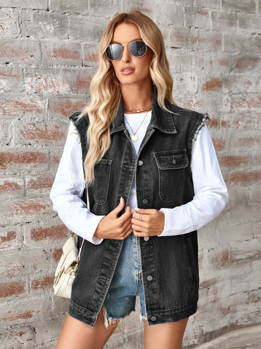 Raw Hem Sleeveless Button Up Denim Jacket - Outerwear