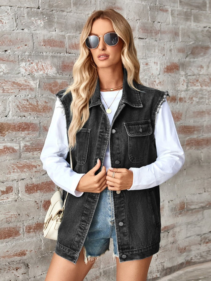 Raw Hem Sleeveless Button Up Denim Jacket - Outerwear