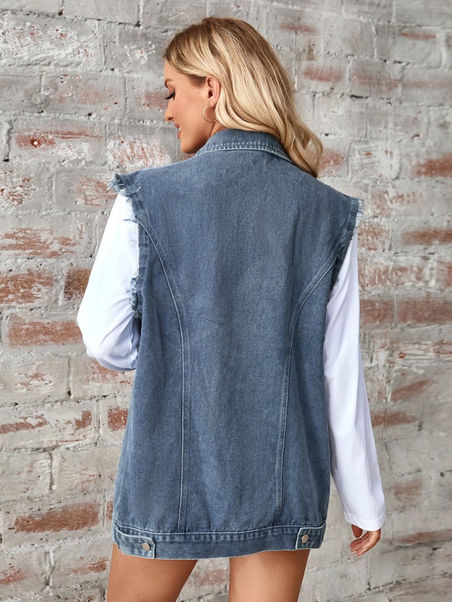 Raw Hem Sleeveless Button Up Denim Jacket - Outerwear