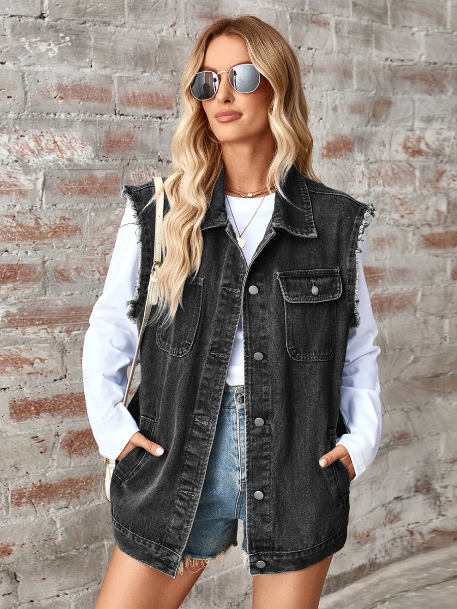 Raw Hem Sleeveless Button Up Denim Jacket - Outerwear