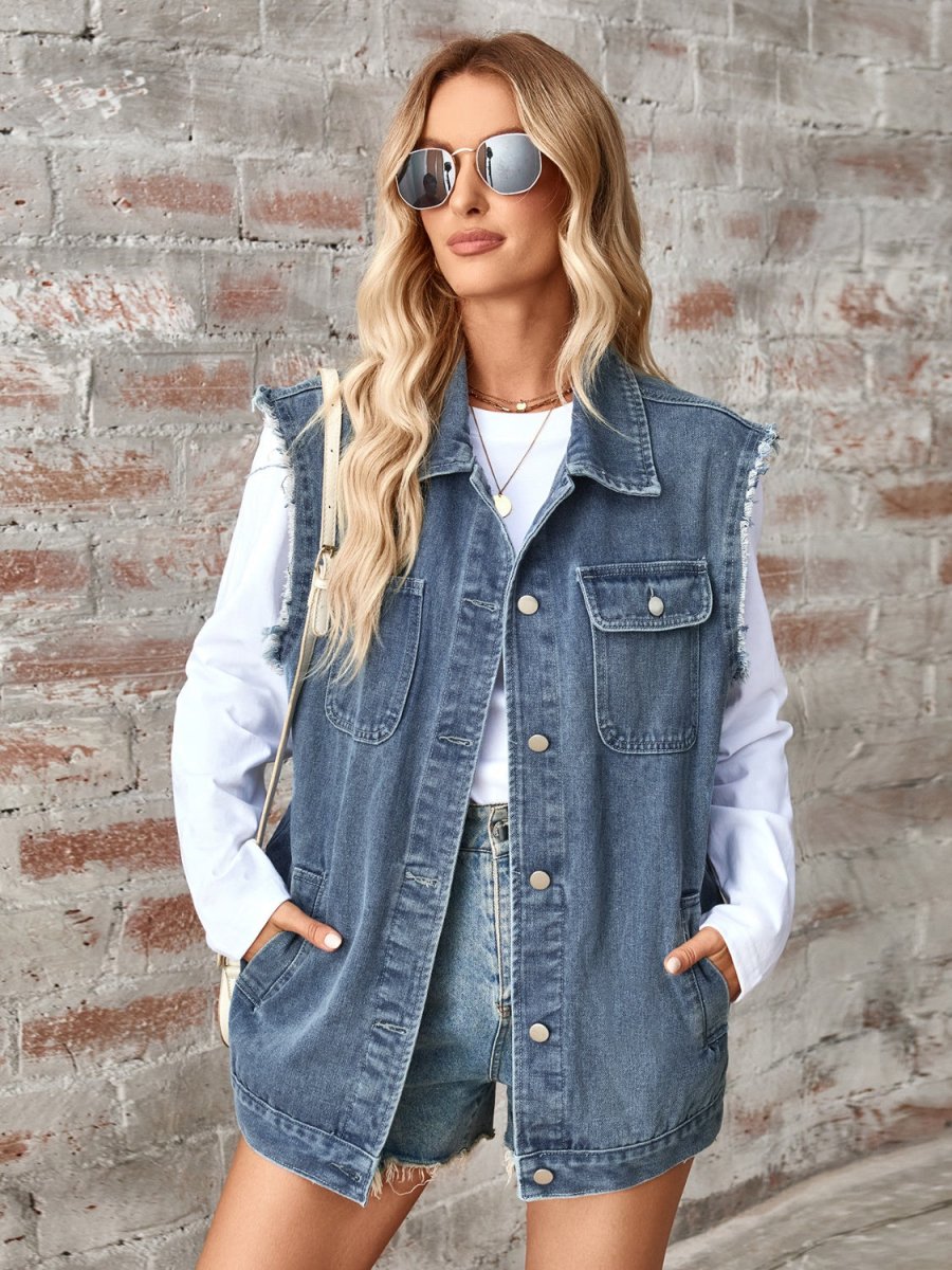 Raw Hem Sleeveless Button Up Denim Jacket - Outerwear
