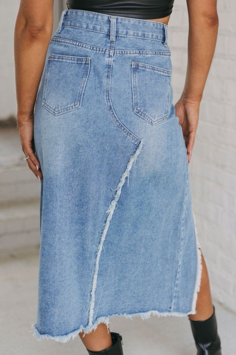 Raw Hem Slit Denim Skirt with Pockets - Bottoms