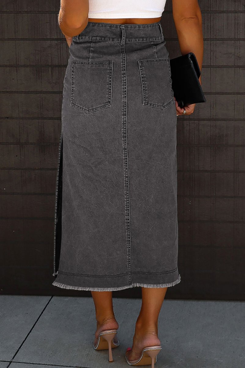 Raw Hem Slit Pocketed Midi Denim Skirt - Bottoms