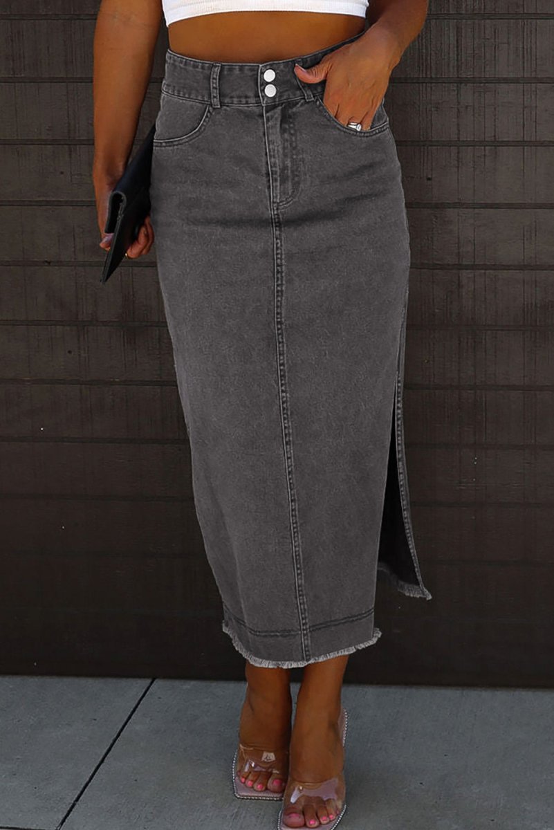 Raw Hem Slit Pocketed Midi Denim Skirt - Bottoms