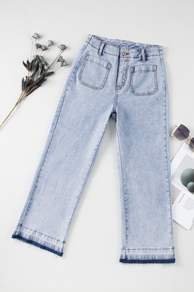 Raw Hem Straight Jeans with Pockets - Bottoms