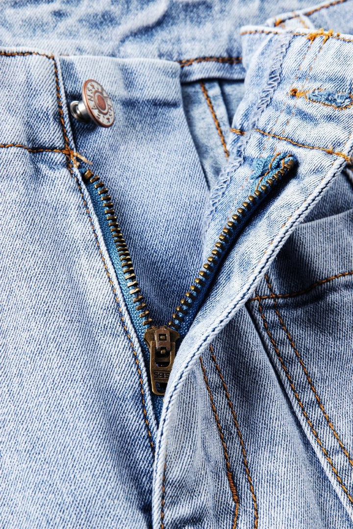 Raw Hem Straight Jeans with Pockets - Bottoms
