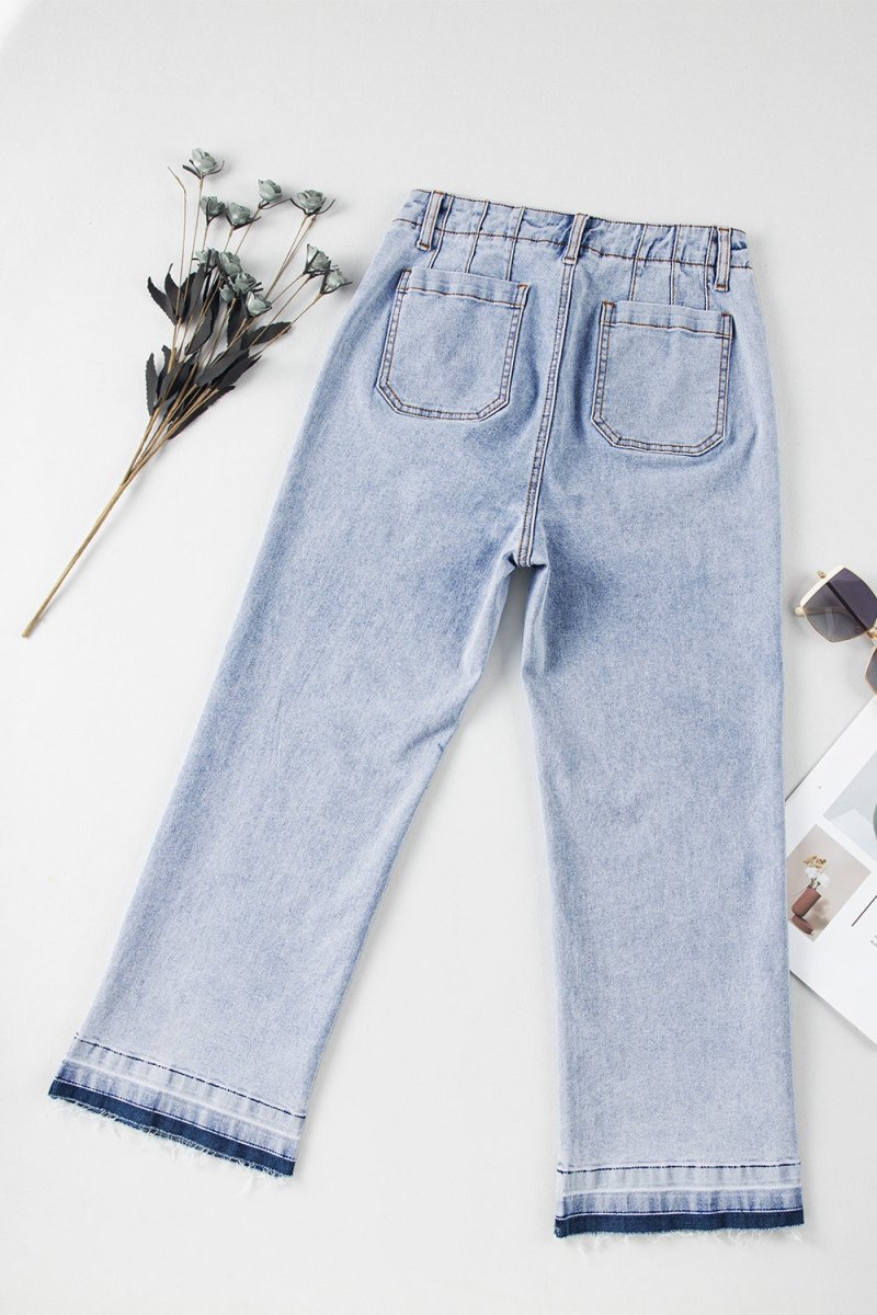 Raw Hem Straight Jeans with Pockets - Bottoms